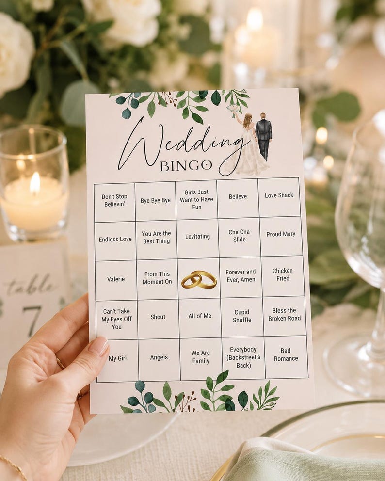 May include: A white rectangular Wedding Bingo game card featuring a green leaf border at the top and bottom, a small illustration of a couple, and a grid containing song titles and a central image of two gold wedding rings in black text.