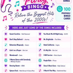May include: Karaoke Party Bingo game with a pink microphone graphic. The game includes 100 iconic 2000s songs and 100 printable bingo cards. The game is perfect for parties and game nights.