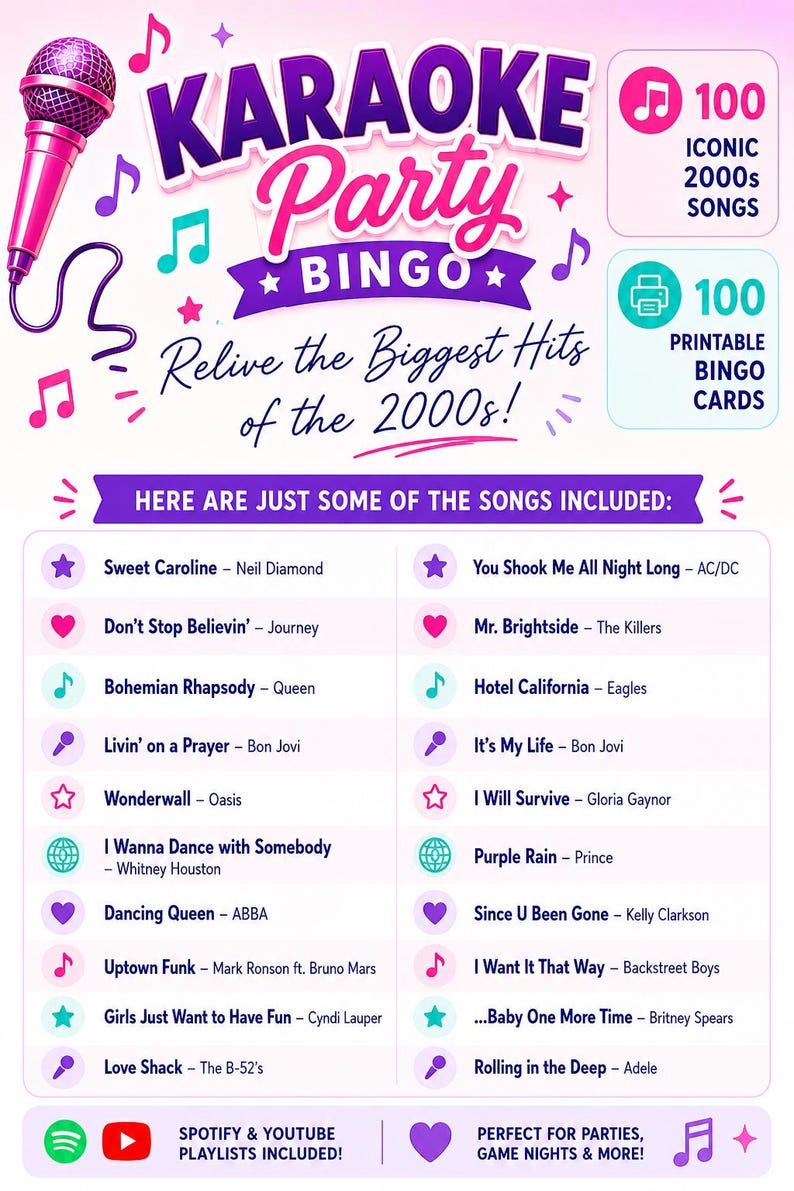 May include: Karaoke Party Bingo game with a pink microphone graphic. The game includes 100 iconic 2000s songs and 100 printable bingo cards. The game is perfect for parties and game nights.