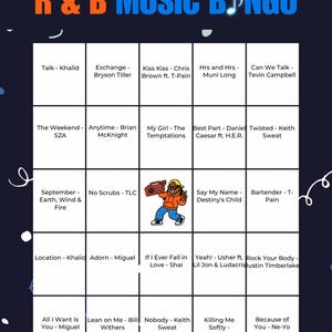 Może przedstawiać: Ciemnoniebieska karta do gry R&B Music Bingo z białą siatką zawierającą tytuły piosenek i nazwy artyst&oacute;w. Nagł&oacute;wek brzmi THE ULTIMATE R & B MUSIC BINGO z niebiesko-białymi chorągiewkami. Postać z kresk&oacute;wki z radiomagnetofonem znajduje się w środkowym polu.