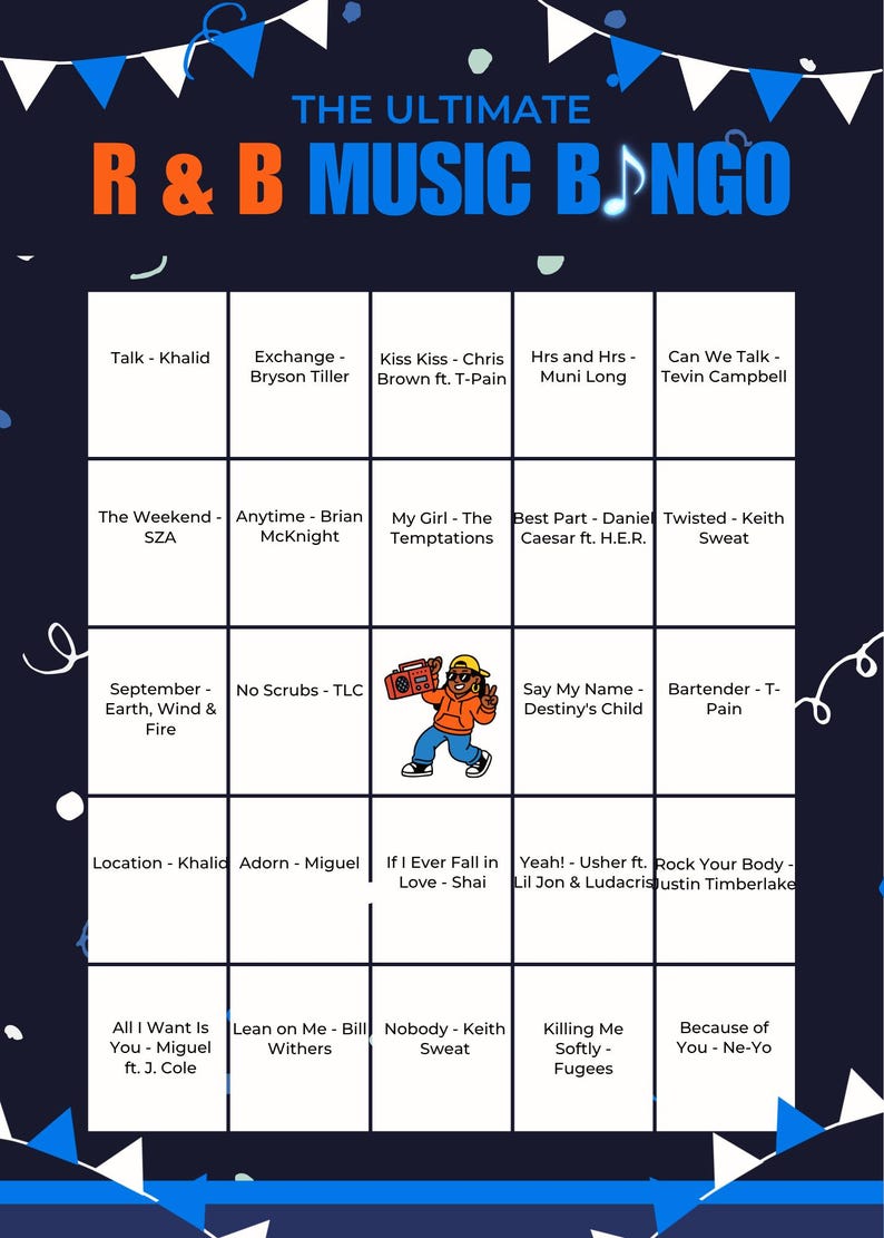 Może przedstawiać: Ciemnoniebieska karta do gry R&B Music Bingo z białą siatką zawierającą tytuły piosenek i nazwy artyst&oacute;w. Nagł&oacute;wek brzmi THE ULTIMATE R & B MUSIC BINGO z niebiesko-białymi chorągiewkami. Postać z kresk&oacute;wki z radiomagnetofonem znajduje się w środkowym polu.