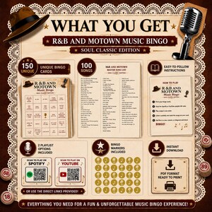 May include: An R&B and Motown music bingo game set featuring 150 unique bingo cards, a master song list of 100 tracks, instructions, printable bingo markers, and QR codes for Spotify and YouTube playlists, all presented in a vintage-style design.