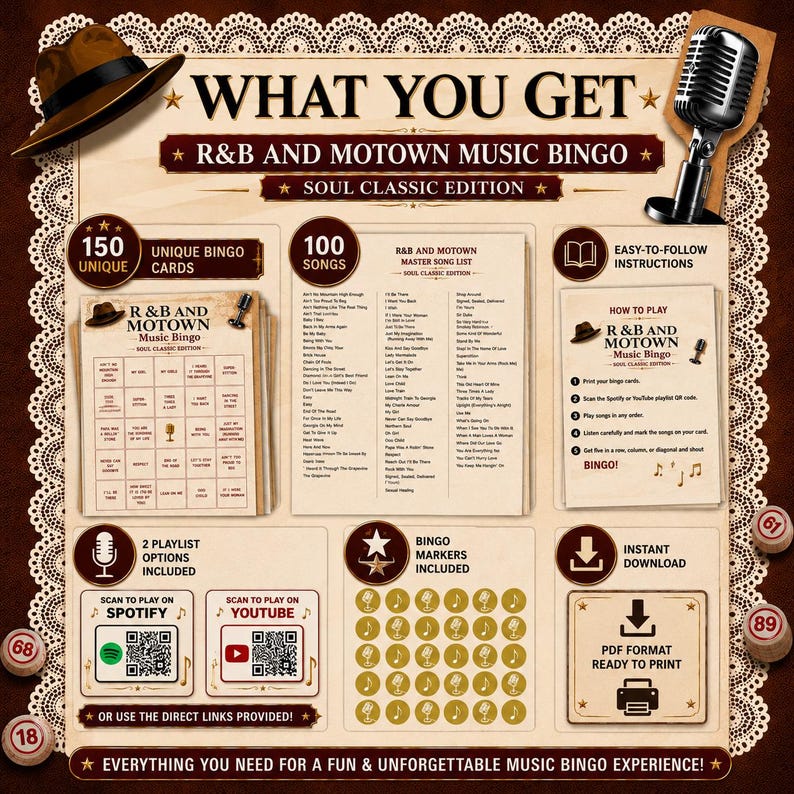 May include: An R&B and Motown music bingo game set featuring 150 unique bingo cards, a master song list of 100 tracks, instructions, printable bingo markers, and QR codes for Spotify and YouTube playlists, all presented in a vintage-style design.