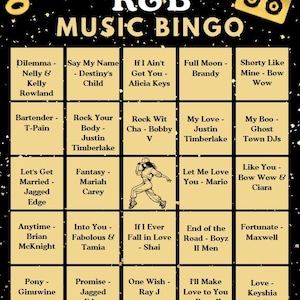 May include: A 90s and 2000s R&B music bingo card with a black background featuring gold confetti, a musical note, and a boombox icon. The grid contains twenty-five squares with song titles and artist names, plus a central illustration of a dancer.