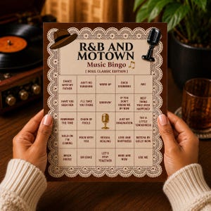 May include: A rectangular R&B and Motown Music Bingo game card with a cream-colored center, a brown border featuring a white lace pattern, and illustrations of a brown fedora, a black microphone, and a gold microphone in the center square.
