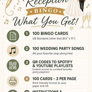 May include: A Wedding Reception Bingo game sign featuring a gold microphone, champagne flutes, and a couple. It lists 100 bingo cards at 8.5" x 11", 100 wedding songs, Spotify and YouTube QR codes, a 2-per-page print format, and instructions.