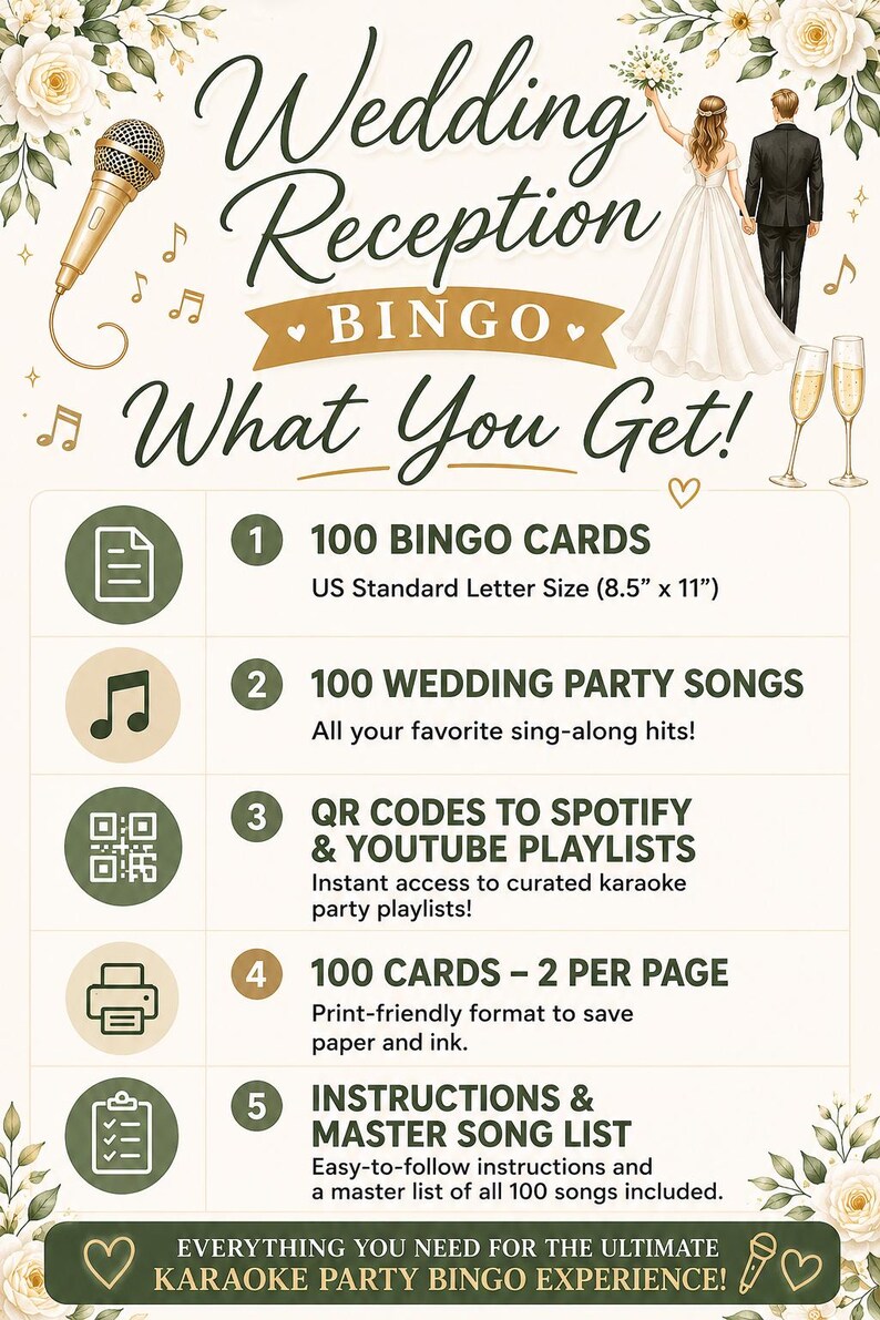 May include: A Wedding Reception Bingo game sign featuring a gold microphone, champagne flutes, and a couple. It lists 100 bingo cards at 8.5" x 11", 100 wedding songs, Spotify and YouTube QR codes, a 2-per-page print format, and instructions.