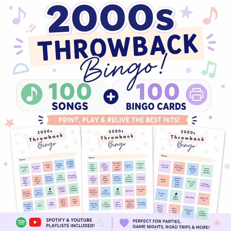 May include: A colorful graphic for a 2000s Throwback Bingo game. The design includes the text "2000s Throwback Bingo!" with 100 songs and 100 bingo cards. The image also includes the text "Print, Play & Relive the Best Hits!"