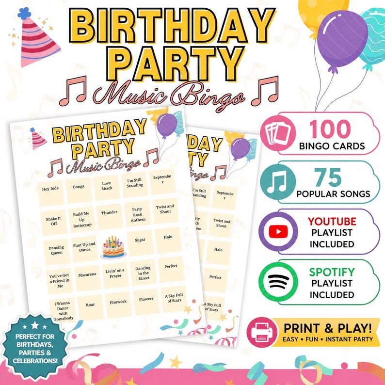 Cream-colored birthday music bingo cover featuring a birthday game bundle for parties and celebrations. Shows colorful music-themed graphics, bingo cards, party game badges, trivia download details, and a printable PDF layout designed for friends, family, and birthday party entertainment.