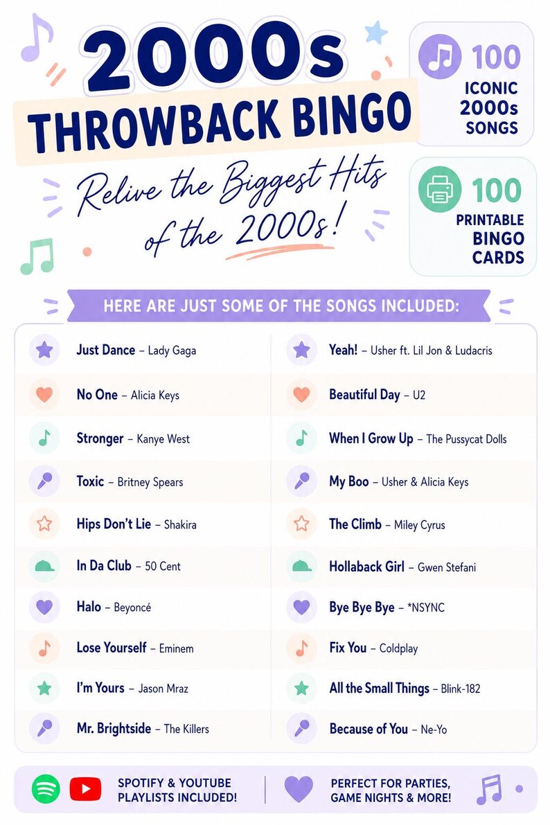 May include: A colorful 2000s Throwback Bingo game with a list of 2000s songs, including Lady Gaga's "Just Dance" and Eminem's "Lose Yourself." The game includes 100 iconic songs and printable bingo cards. Perfect for parties and game nights.