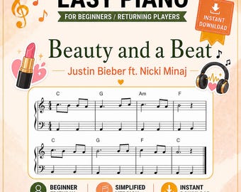 Beauty and a Beat Easy Piano Sheet Music -  Simplified Beginner Piano Score -  Digital Download - Belieber