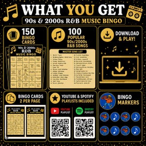 May include: A 90s and 2000s R&B music bingo game set featuring 150 bingo cards, a master song list of 100 popular tracks, two cards per page layout, YouTube and Spotify playlist QR codes, and circular bingo markers with a cartoon character graphic.