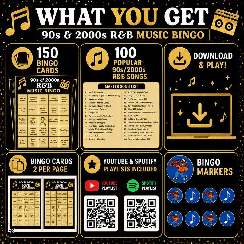 May include: A 90s and 2000s R&B music bingo game set featuring 150 bingo cards, a master song list of 100 popular tracks, two cards per page layout, YouTube and Spotify playlist QR codes, and circular bingo markers with a cartoon character graphic.