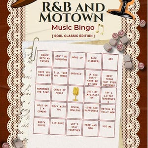 May include: R&B and Motown Music Bingo Soul Classic Edition game card featuring a grid of song titles, a brown fedora, a vintage microphone, and scattered numbered bingo balls on a cream-colored background with a decorative lace border.