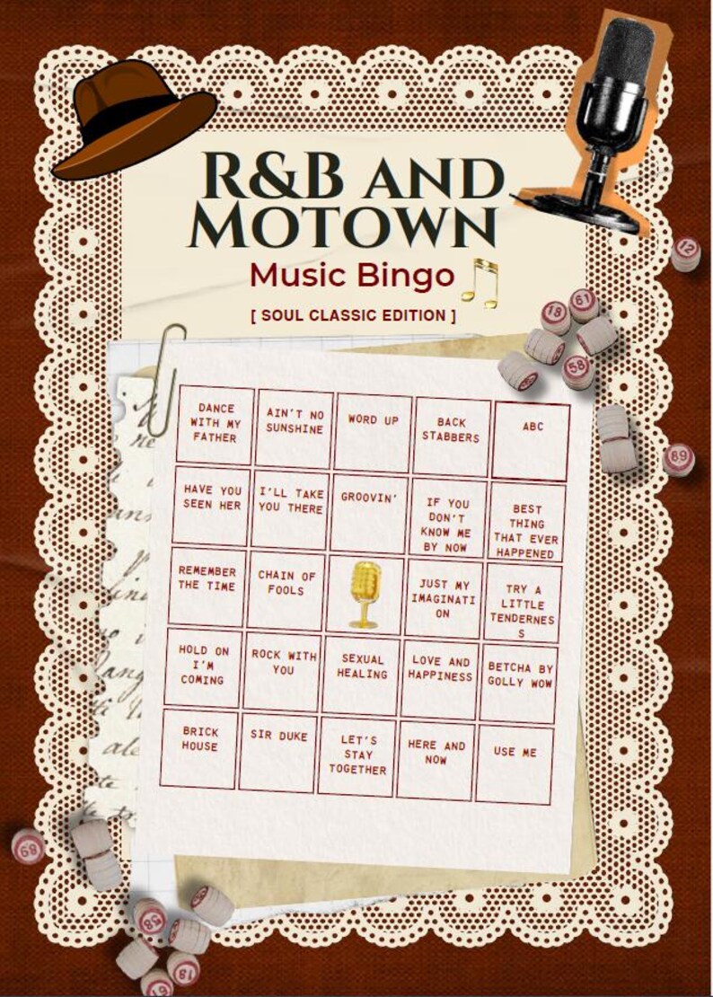 May include: R&B and Motown Music Bingo Soul Classic Edition game card featuring a grid of song titles, a brown fedora, a vintage microphone, and scattered numbered bingo balls on a cream-colored background with a decorative lace border.