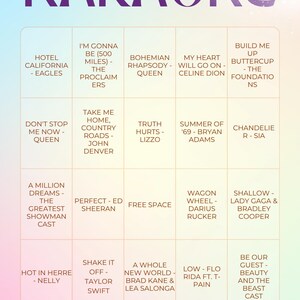 May include: Karaoke bingo card with song titles like "Hotel California" and "Bohemian Rhapsody." The card features a microphone graphic and the words "Bingo for Karaoke" in large, purple letters. A CD graphic is in the upper right corner.