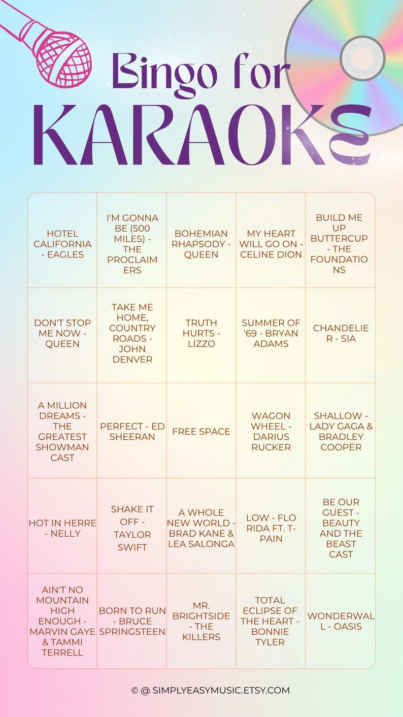 May include: Karaoke bingo card with song titles like "Hotel California" and "Bohemian Rhapsody." The card features a microphone graphic and the words "Bingo for Karaoke" in large, purple letters. A CD graphic is in the upper right corner.