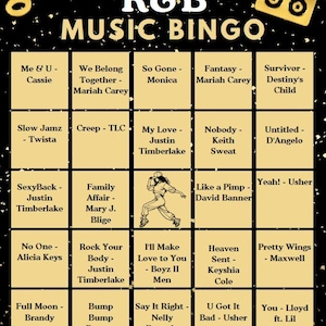 May include: A 90s and 2000s R&B music bingo card with a black background featuring gold confetti, a gold musical note, and a gold boombox. The grid contains twenty-five squares with song titles and artist names, plus one central dancing figure.
