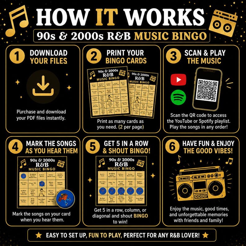 May include: A black and gold instructional graphic for 90s & 2000s R&B Music Bingo. It outlines six steps: download files, print bingo cards, scan the QR code to play music, mark songs as heard, get five in a row to win, and enjoy the game.