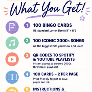 May include: A promotional graphic for a 2000s Throwback Bingo game. The image lists what you get: 100 bingo cards (8.5" x 11"), 100 iconic 2000s songs, QR codes for Spotify & YouTube playlists, 100 cards - 2 per page, and instructions.