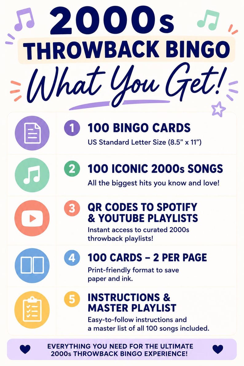 May include: A promotional graphic for a 2000s Throwback Bingo game. The image lists what you get: 100 bingo cards (8.5" x 11"), 100 iconic 2000s songs, QR codes for Spotify & YouTube playlists, 100 cards - 2 per page, and instructions.
