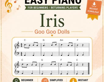 Partitura fácil para piano de Iris – PDF para principiantes – Notas de piano imprimibles – Arreglo simplificado