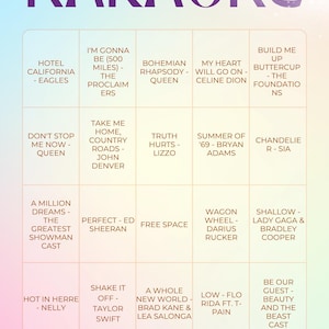 May include: Karaoke bingo card with song titles like "Hotel California" and "Bohemian Rhapsody." The card features a microphone graphic and the words "Bingo for Karaoke" in large, purple letters. A CD graphic is in the upper right corner.
