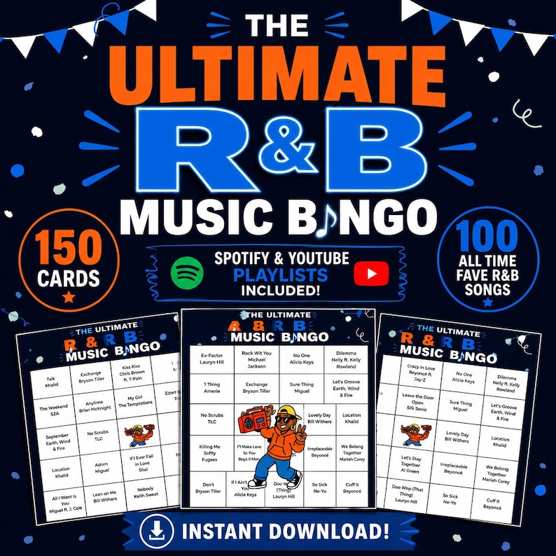 Może przedstawiać: Cyfrowa gra muzyczne bingo zatytułowana The Ultimate R&B Music Bingo, zawierająca 150 kart i 100 utwor&oacute;w. Ciemnoniebieska grafika zawiera ikony Spotify i YouTube, postać z kresk&oacute;wki z boomboxem oraz tekst informujący o natychmiastowym pobraniu.