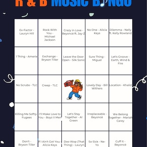 Może przedstawiać: Ciemnoniebieska karta do bingo muzycznego R&B z białymi liniami siatki i świątecznym banerem u g&oacute;ry. Tekst brzmi THE ULTIMATE R & B MUSIC BINGO. Siatka zawiera tytuły piosenek i nazwiska artyst&oacute;w oraz postać z kresk&oacute;wki trzymającą boombox.