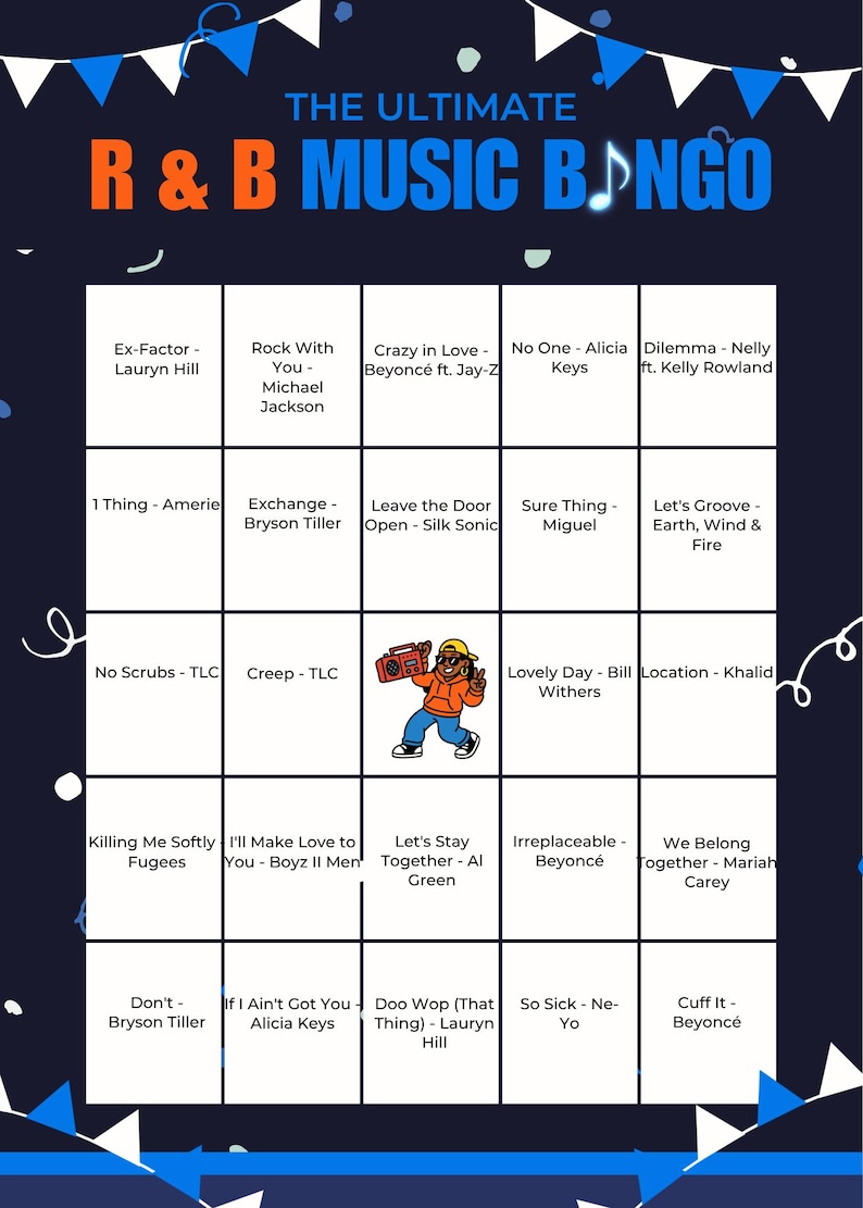 Może przedstawiać: Ciemnoniebieska karta do bingo muzycznego R&B z białymi liniami siatki i świątecznym banerem u g&oacute;ry. Tekst brzmi THE ULTIMATE R & B MUSIC BINGO. Siatka zawiera tytuły piosenek i nazwiska artyst&oacute;w oraz postać z kresk&oacute;wki trzymającą boombox.