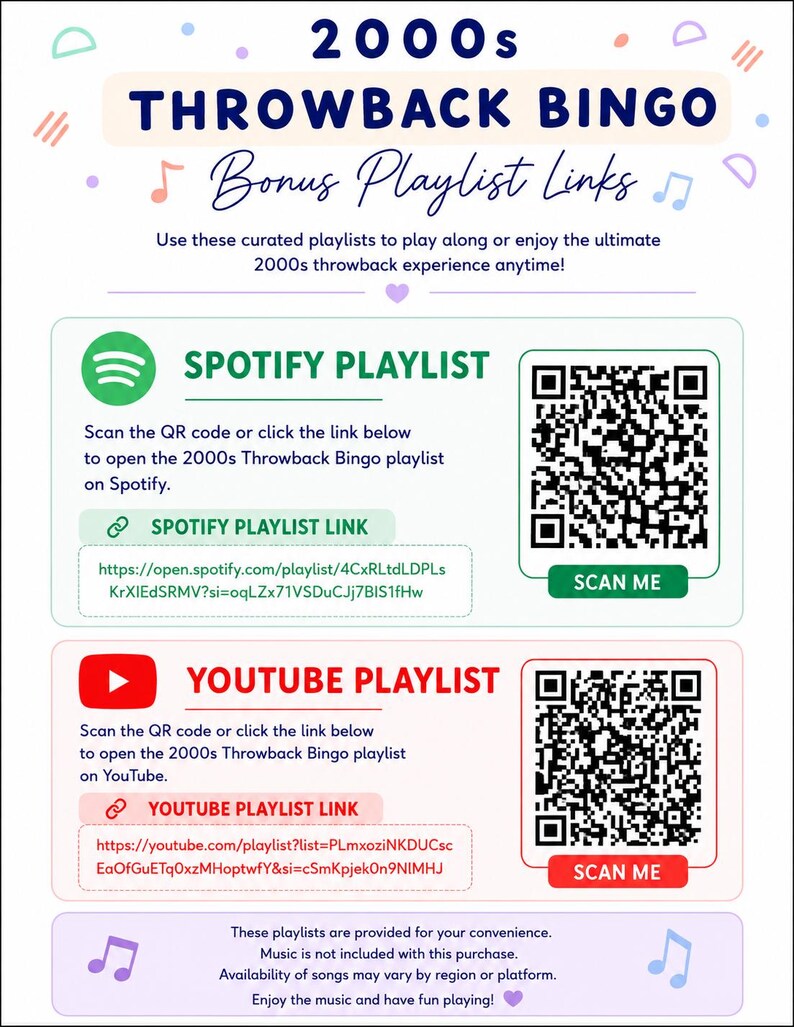 May include: A graphic for 2000s Throwback Bingo with Spotify and YouTube playlist links. Includes QR codes to scan and links to curated playlists for a 2000s throwback experience. The text reads "Bonus Playlist Links".
