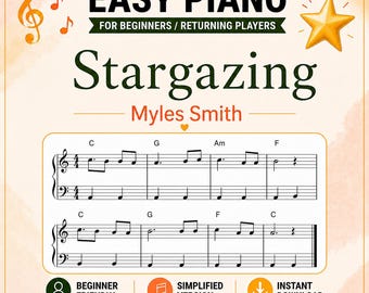 Stargazing Piano Sheet Music, Easy Piano Pieces, White Keys Only, Digital Download, Simple PDF