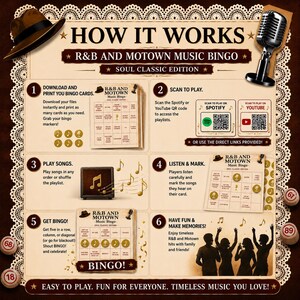 May include: An instructional guide for R&B and Motown Music Bingo, Soul Classic Edition. The graphic features a brown fedora, a vintage microphone, and six numbered steps explaining how to download, scan, play, listen, mark, and win the game.
