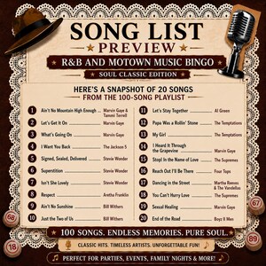 May include: A song list preview for R&B and Motown music bingo, soul classic edition. The graphic features a brown fedora, a vintage microphone, and bingo balls numbered 18, 67, and 89. It lists 20 songs and artists, including Ain't No Mountain High Enough.