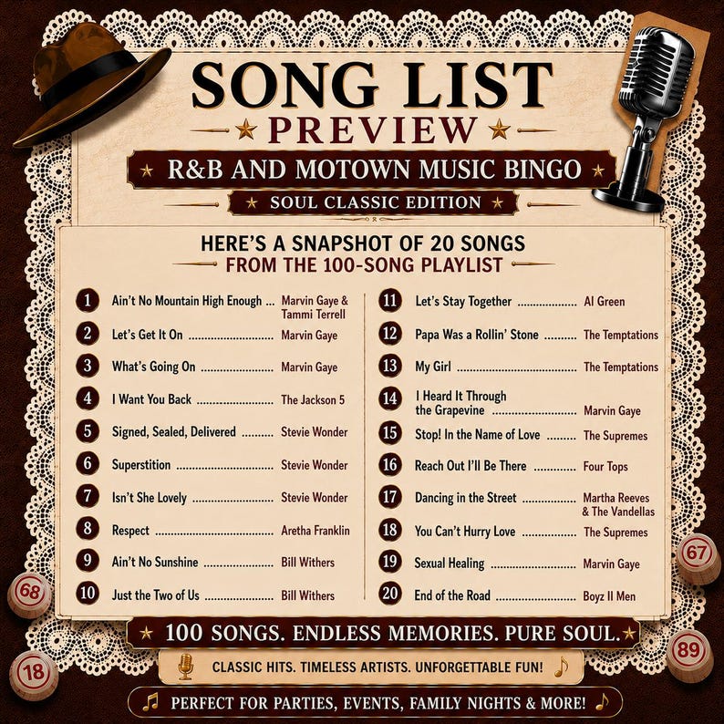 May include: A song list preview for R&B and Motown music bingo, soul classic edition. The graphic features a brown fedora, a vintage microphone, and bingo balls numbered 18, 67, and 89. It lists 20 songs and artists, including Ain't No Mountain High Enough.