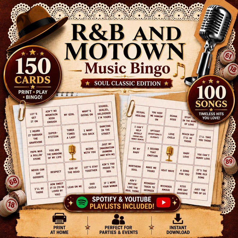Motown and R&B Music Bingo Party Game - Printable Trivia - 150 Cards + Playlists - Soul Music image 1