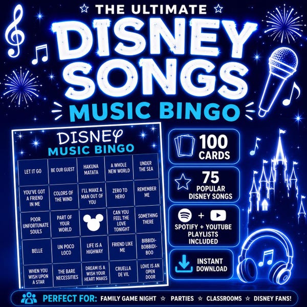 Disney Music Bingo - 100 Bingo Cards - Kids Movie Song Quiz - Children's Party Activity - Animated Movie Song Trivia - Family Night Game