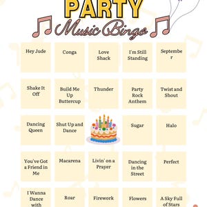 May include: A birthday party music bingo game card featuring a grid of song titles, a central birthday cake illustration, and decorative elements including balloons, a party hat, musical notes, and colourful confetti on a white background.