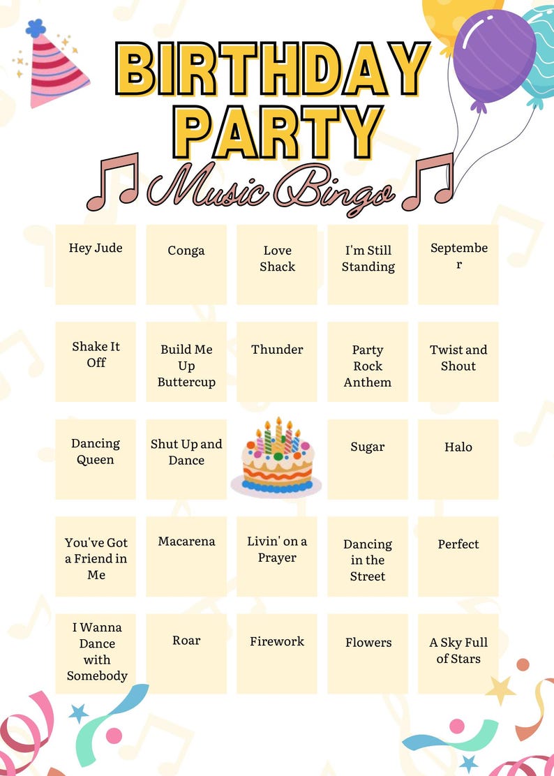 May include: A birthday party music bingo game card featuring a grid of song titles, a central birthday cake illustration, and decorative elements including balloons, a party hat, musical notes, and colourful confetti on a white background.