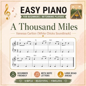 A Thousand Miles Sheet Music - Easy Piano PDF Score - Pop Piano Songs - Movie Theme Song - Simplified Arrangement - with Note Names & Mp3