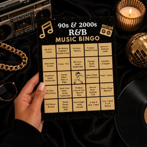 May include: A black and gold 90s & 2000s R&B Music Bingo game card featuring a grid of song titles and artists, including tracks by Mariah Carey, Usher, and TLC. The card has a musical note icon, a boombox graphic, and a central dancer silhouette.