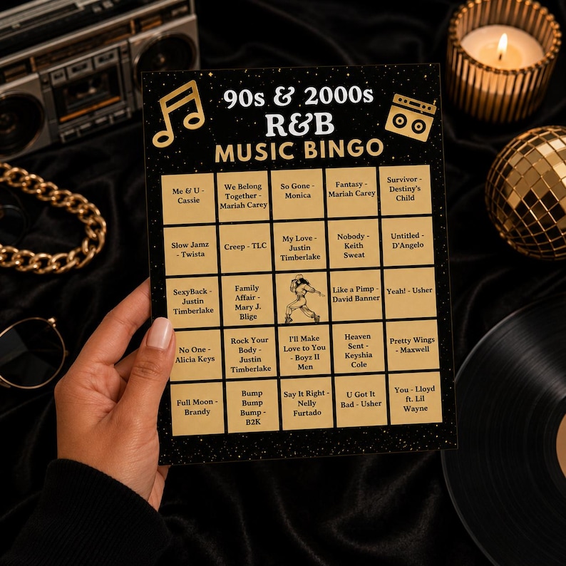 May include: A black and gold 90s & 2000s R&B Music Bingo game card featuring a grid of song titles and artists, including tracks by Mariah Carey, Usher, and TLC. The card has a musical note icon, a boombox graphic, and a central dancer silhouette.
