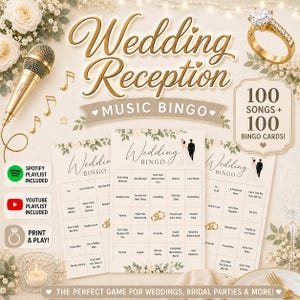 May include: A wedding reception music bingo game set featuring three printed bingo cards with song titles, a gold microphone, a diamond ring, and text reading Wedding Reception Music Bingo, 100 Songs + 100 Bingo Cards, Spotify Playlist Included, Youtube Playlist Included, and Print & Play.