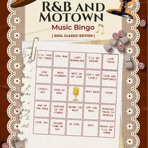 May include: An R&B and Motown Music Bingo game card featuring a grid of song titles like Soul Man and Heat Wave. The design includes a brown fedora, a vintage microphone, and scattered bingo balls on a cream-colored lace-trimmed background.