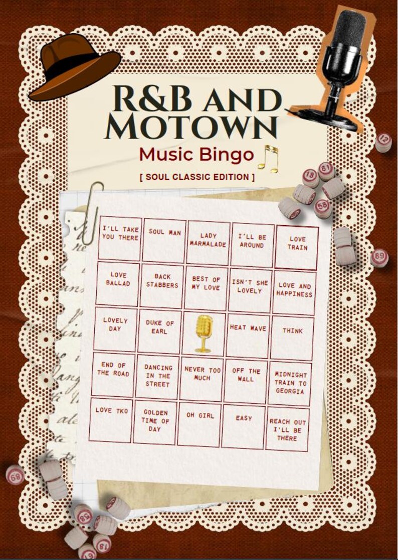 May include: An R&B and Motown Music Bingo game card featuring a grid of song titles like Soul Man and Heat Wave. The design includes a brown fedora, a vintage microphone, and scattered bingo balls on a cream-colored lace-trimmed background.