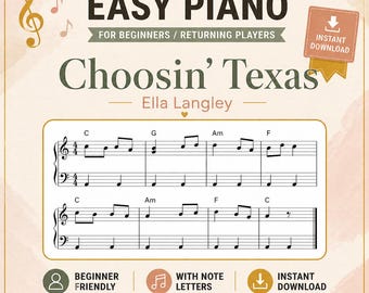 Choosin’ Texas Easy Piano Sheet Music – Beginner PDF – Note Names – Country Piano