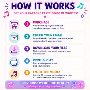 May include: Infographic titled "HOW IT WORKS" with steps for a Karaoke Party Bingo game. Steps include purchasing, checking email, downloading files, printing, and enjoying music. The image is in shades of purple, pink, and white.