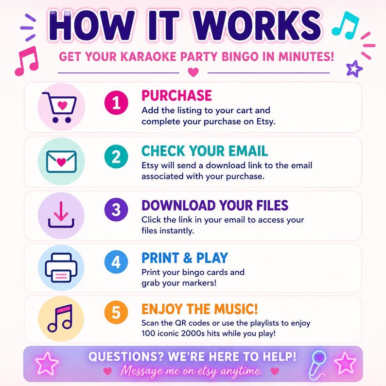 May include: Infographic titled "HOW IT WORKS" with steps for a Karaoke Party Bingo game. Steps include purchasing, checking email, downloading files, printing, and enjoying music. The image is in shades of purple, pink, and white.