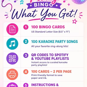 May include: A promotional graphic for a Karaoke Party Bingo game. The design features a microphone, musical notes, and a disco ball. Text includes "What You Get!" and details on 100 bingo cards (8.5" x 11"), karaoke songs, QR codes, and instructions.