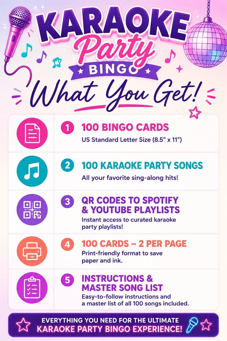 May include: A promotional graphic for a Karaoke Party Bingo game. The design features a microphone, musical notes, and a disco ball. Text includes "What You Get!" and details on 100 bingo cards (8.5" x 11"), karaoke songs, QR codes, and instructions.